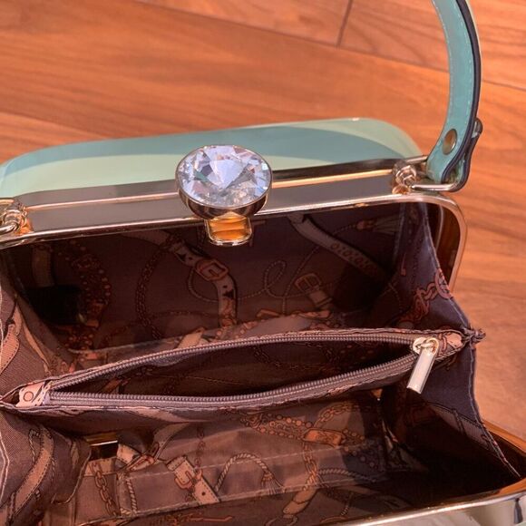 Purse, handbag, EUC, quilted turquoise vegan patent leather, holds phone - Picture 3 of 16